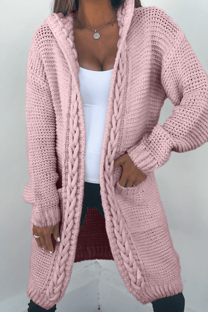 A woman wearing a Dusty Rose Braided Trim Hooded Cardigan.