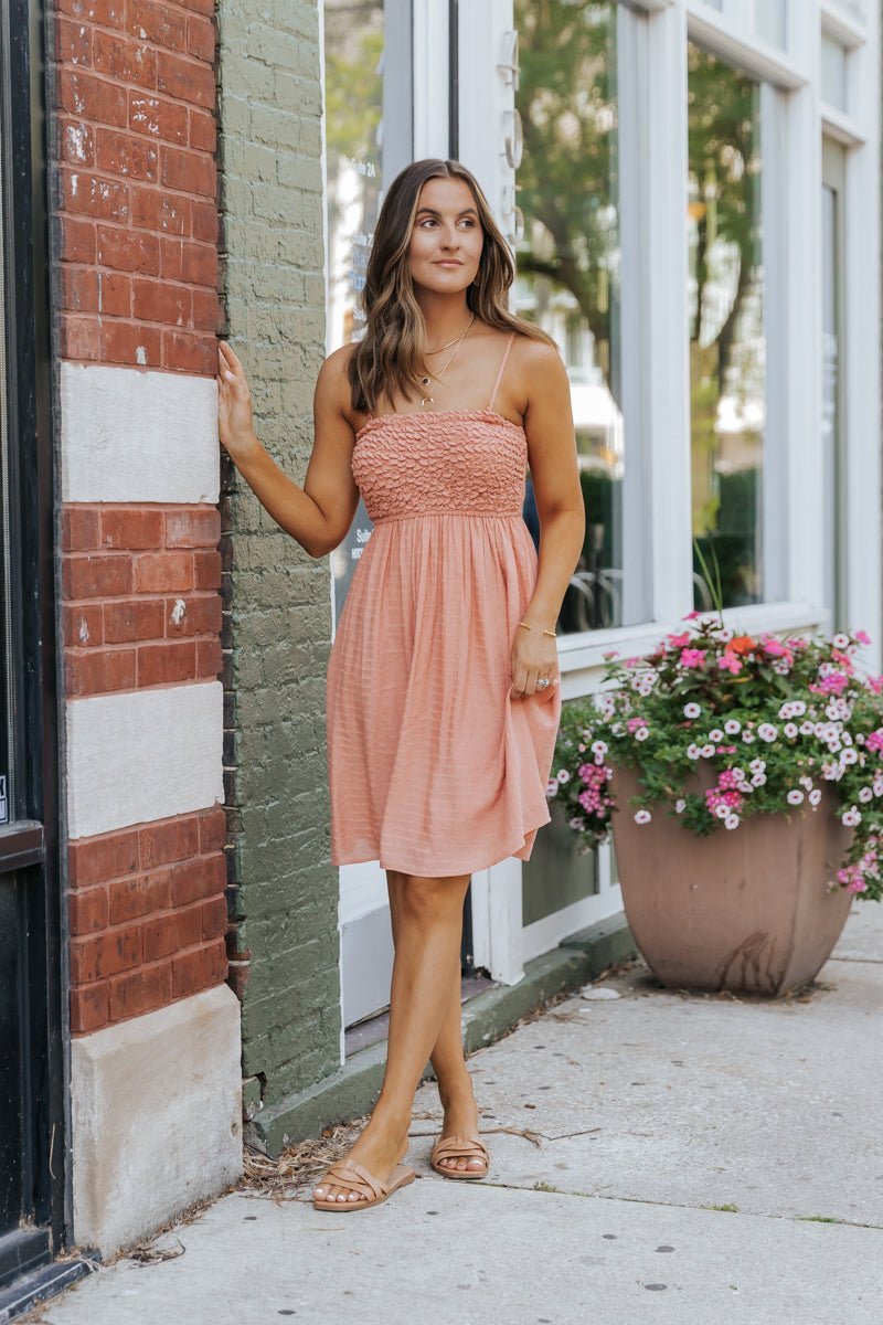 Dusty Salmon Smocked Babydoll Mini Dress - Magnolia Boutique