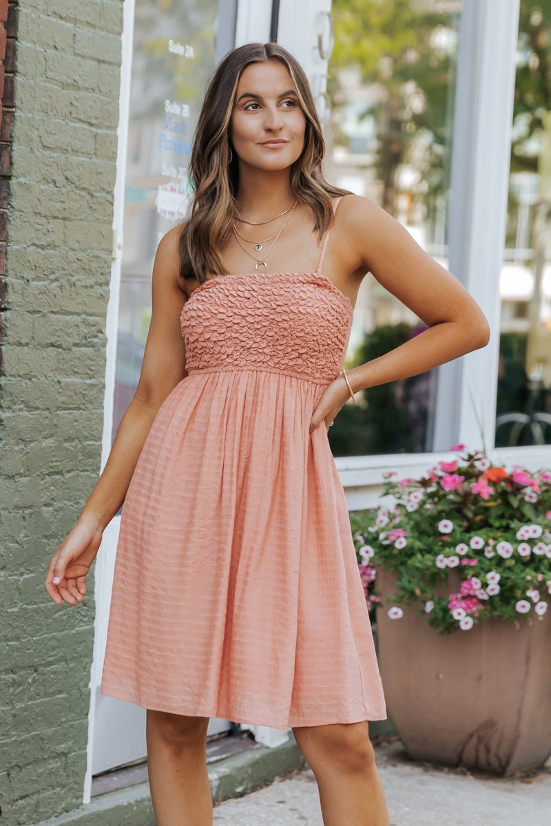 Dusty Salmon Smocked Babydoll Mini Dress - Magnolia Boutique