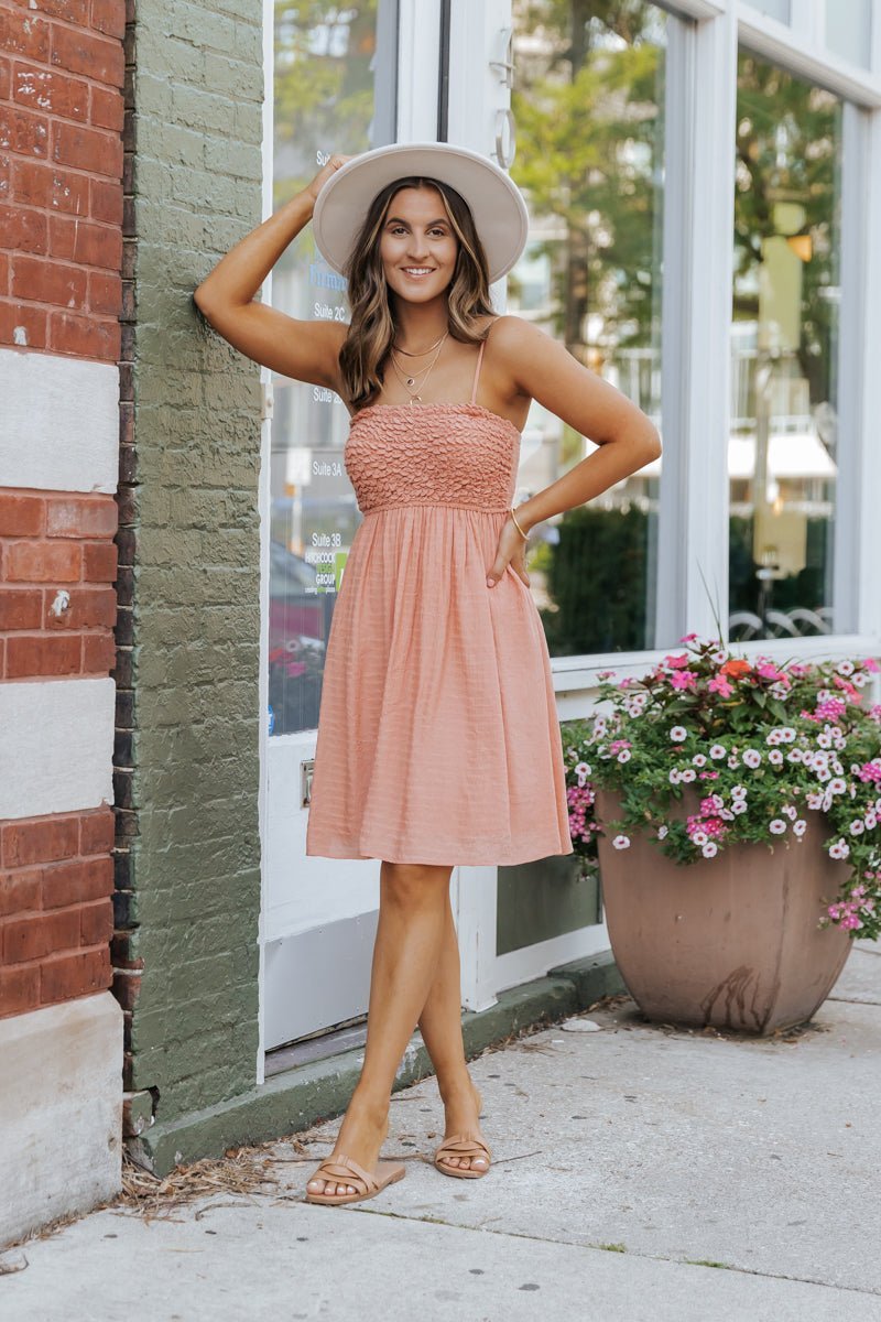 Dusty Salmon Smocked Babydoll Mini Dress - Magnolia Boutique