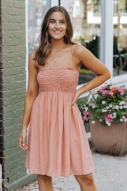 Dusty Salmon Smocked Babydoll Mini Dress - Magnolia Boutique