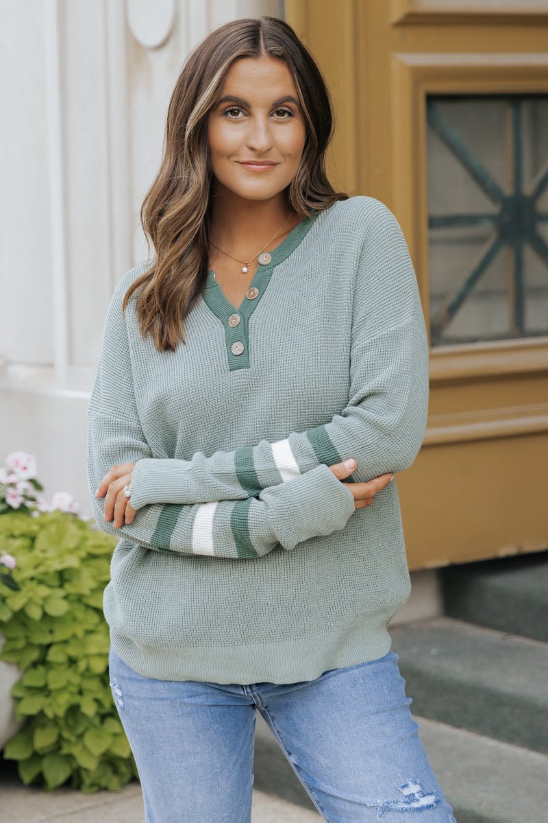 Earthy Green Striped Henley Sweater - Magnolia Boutique