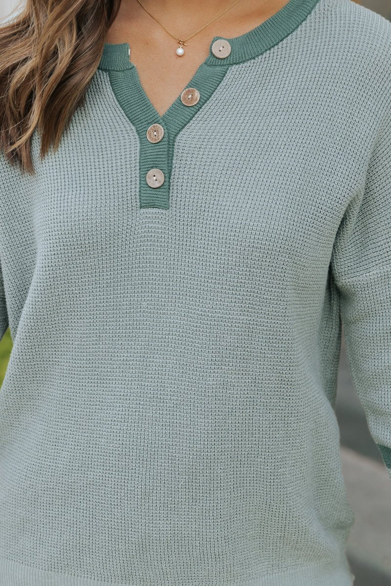 Earthy Green Striped Henley Sweater - Magnolia Boutique