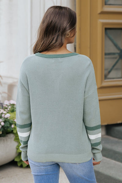 Earthy Green Striped Henley Sweater - Magnolia Boutique