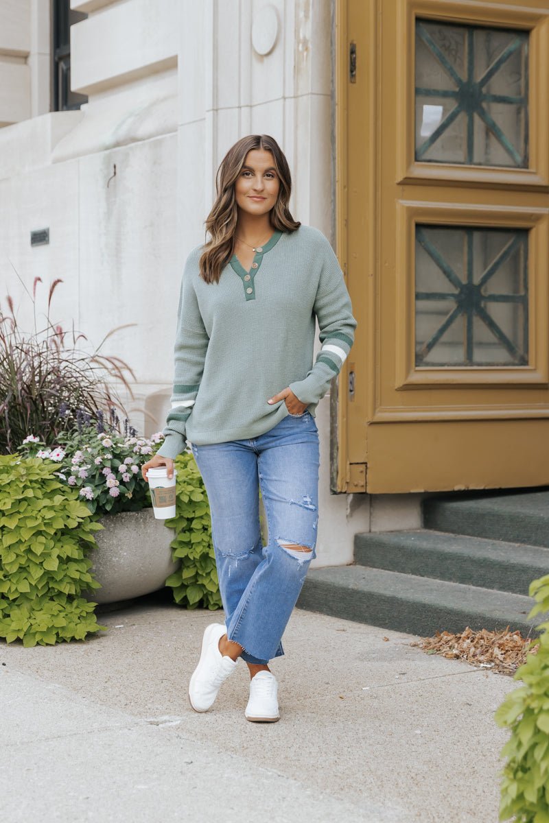 Earthy Green Striped Henley Sweater - Magnolia Boutique