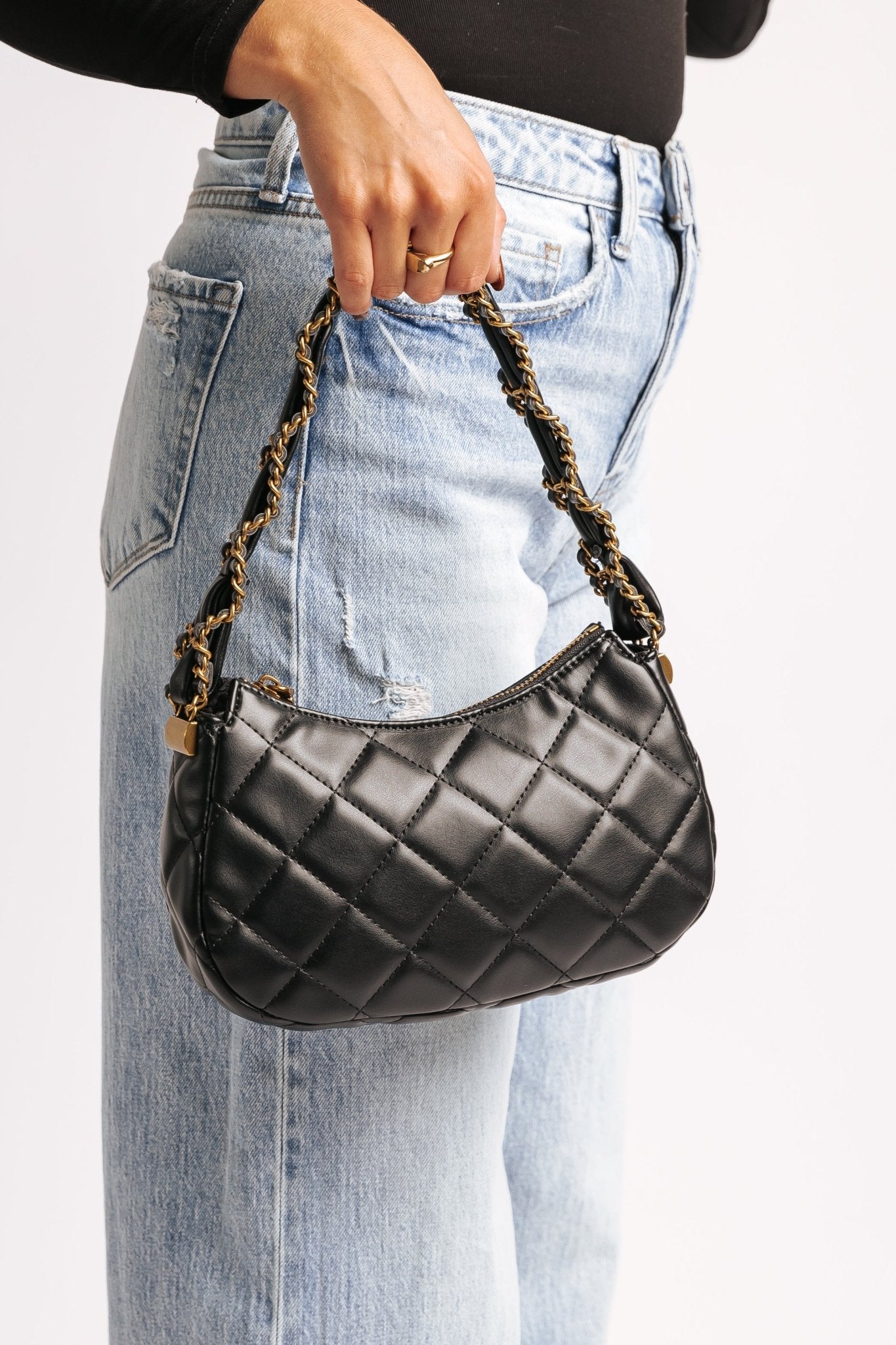 Ellie Black Faux Leather Quilted Shoulder Bag - Magnolia Boutique