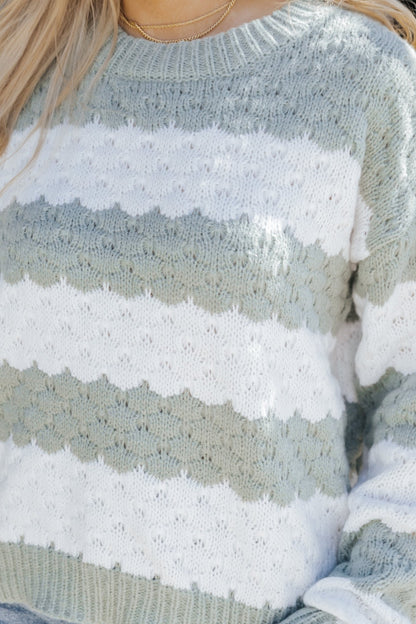 Fall Catch Sage and White Striped Sweater | Pre Order - Magnolia Boutique