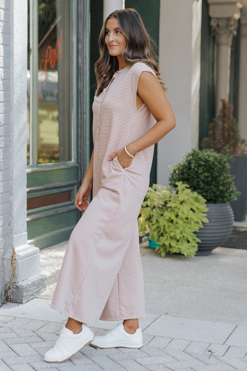 Fall Picnic Striped Wide Leg Jumpsuit - Taupe - Magnolia Boutique