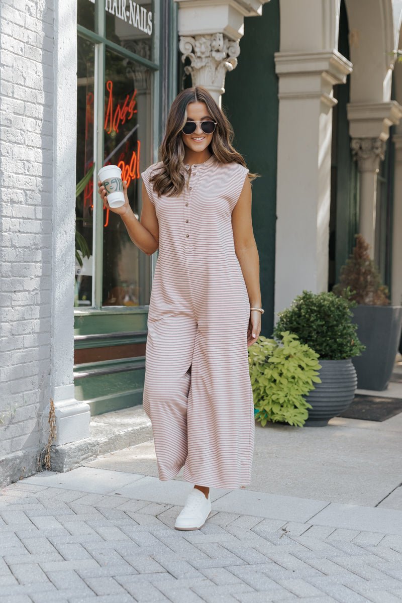 Fall Picnic Striped Wide Leg Jumpsuit - Taupe - Magnolia Boutique