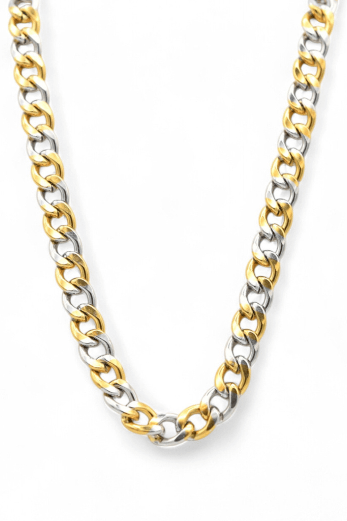 The Farrah B Gold Plated Mixed Metal Chain Necklace features silver and 16K gold links with an adjustable clasp. FINAL SALE.
