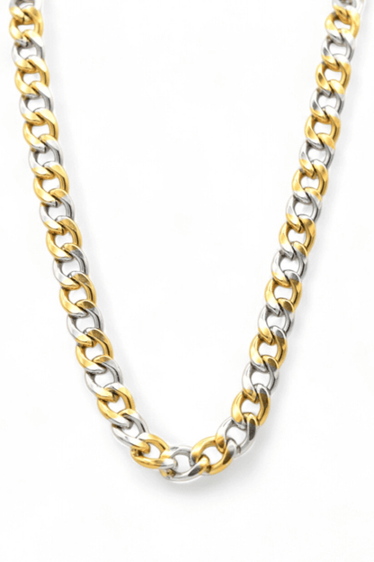 The Farrah B Gold Plated Mixed Metal Chain Necklace features silver and 16K gold links with an adjustable clasp. FINAL SALE.