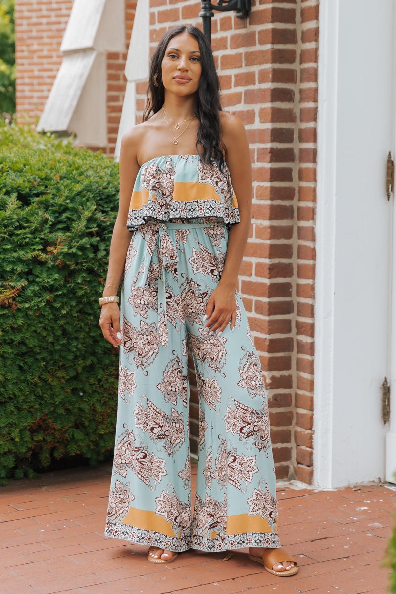 Floral Paisley Print Strapless Wide Leg Jumpsuit - Magnolia Boutique