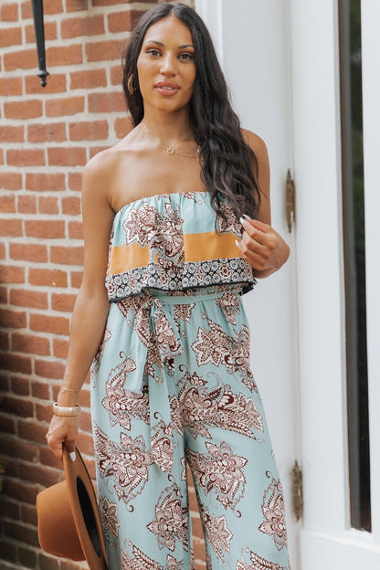 Floral Paisley Print Strapless Wide Leg Jumpsuit - Magnolia Boutique