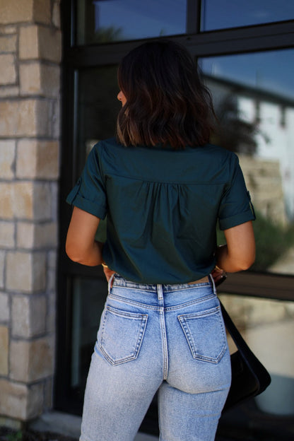 Forest Green Short Sleeve Button Down Top - Magnolia Boutique