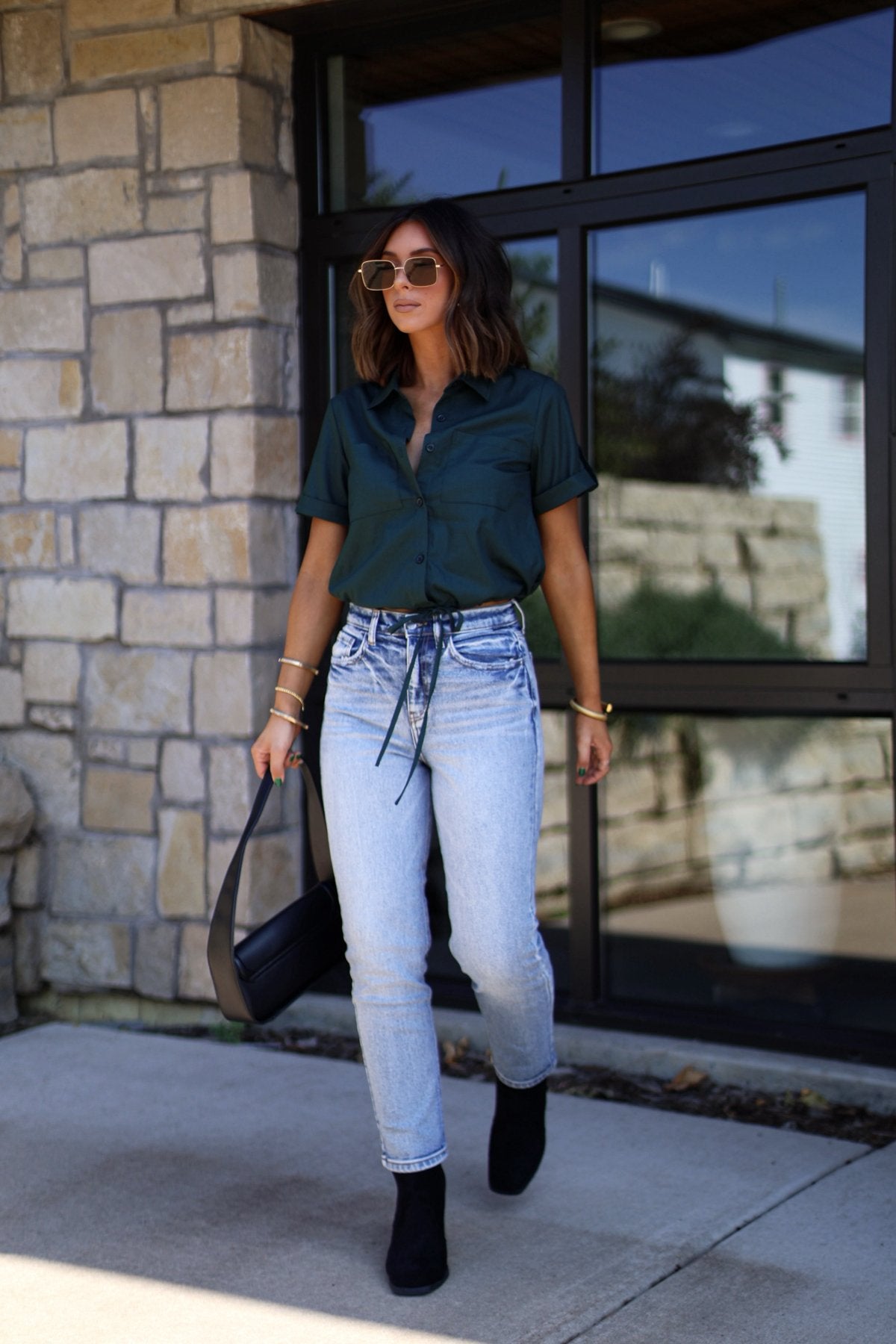 Forest Green Short Sleeve Button Down Top - Magnolia Boutique