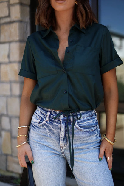 Forest Green Short Sleeve Button Down Top - Magnolia Boutique