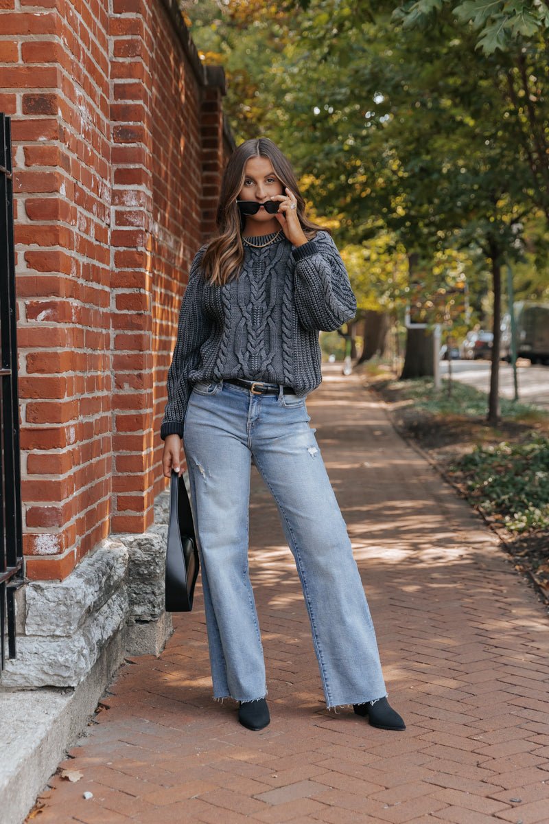 Free People Frankie Cable Knit Sweater - Charcoal - Magnolia Boutique