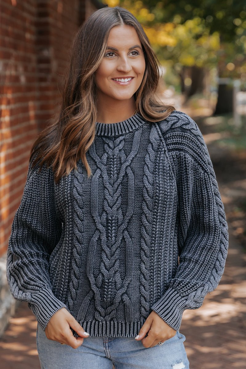 Free People Frankie Cable Knit Sweater - Charcoal - Magnolia Boutique