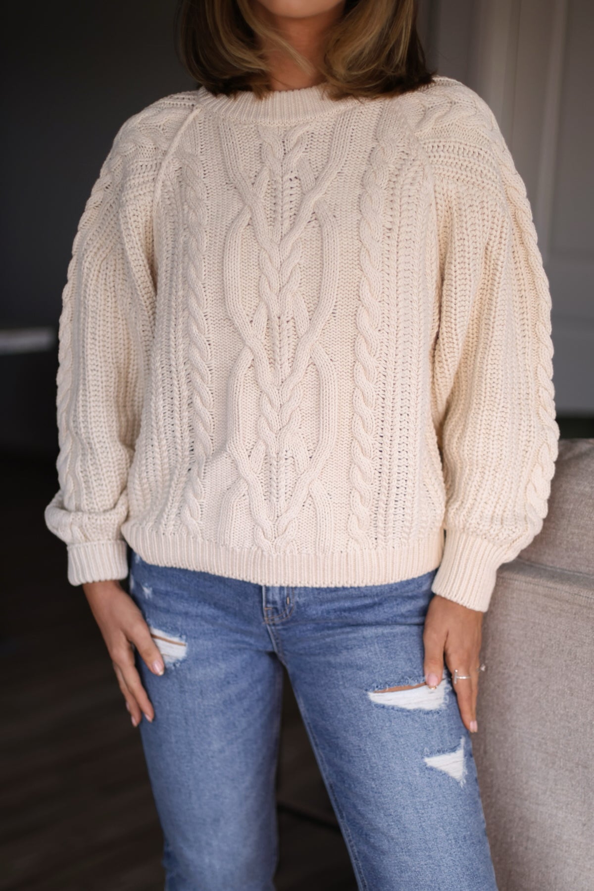 Free People Frankie Cable Knit Sweater - Cream - Magnolia Boutique