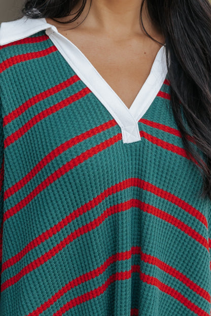 Free People Green And Red Striped Travis Polo - Magnolia Boutique