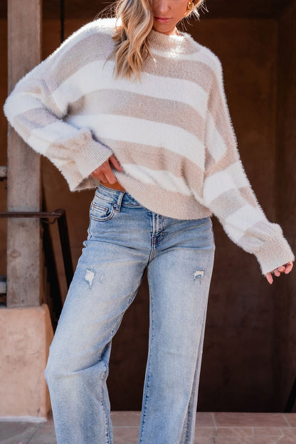 Fuzzy Beige Striped Sweater - Magnolia Boutique