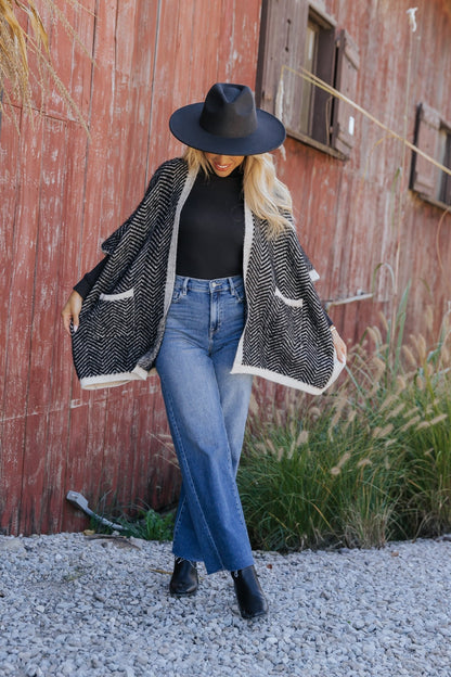 Fuzzy Black Herringbone Kimono - Magnolia Boutique