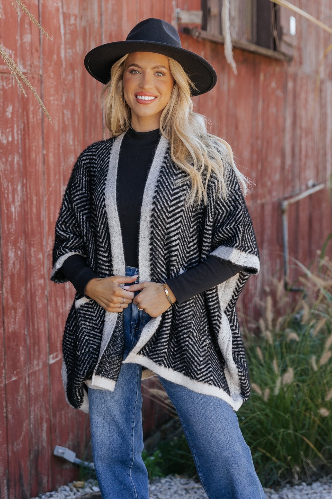 Fuzzy Black Herringbone Kimono - Magnolia Boutique