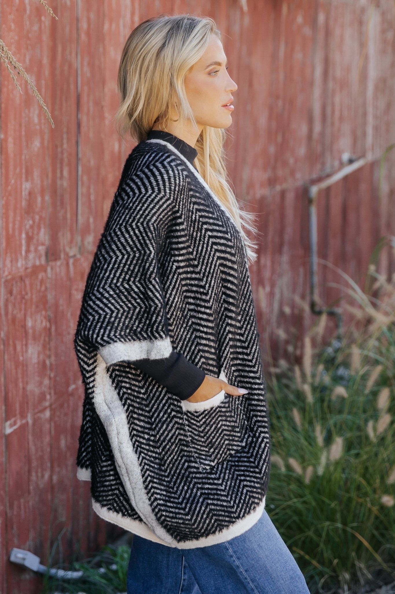 Fuzzy Black Herringbone Kimono - Magnolia Boutique