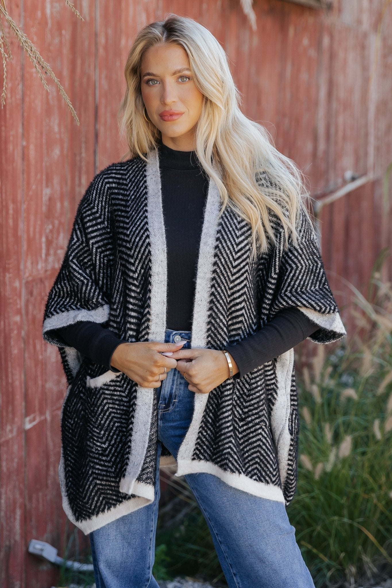 Fuzzy Black Herringbone Kimono - Magnolia Boutique