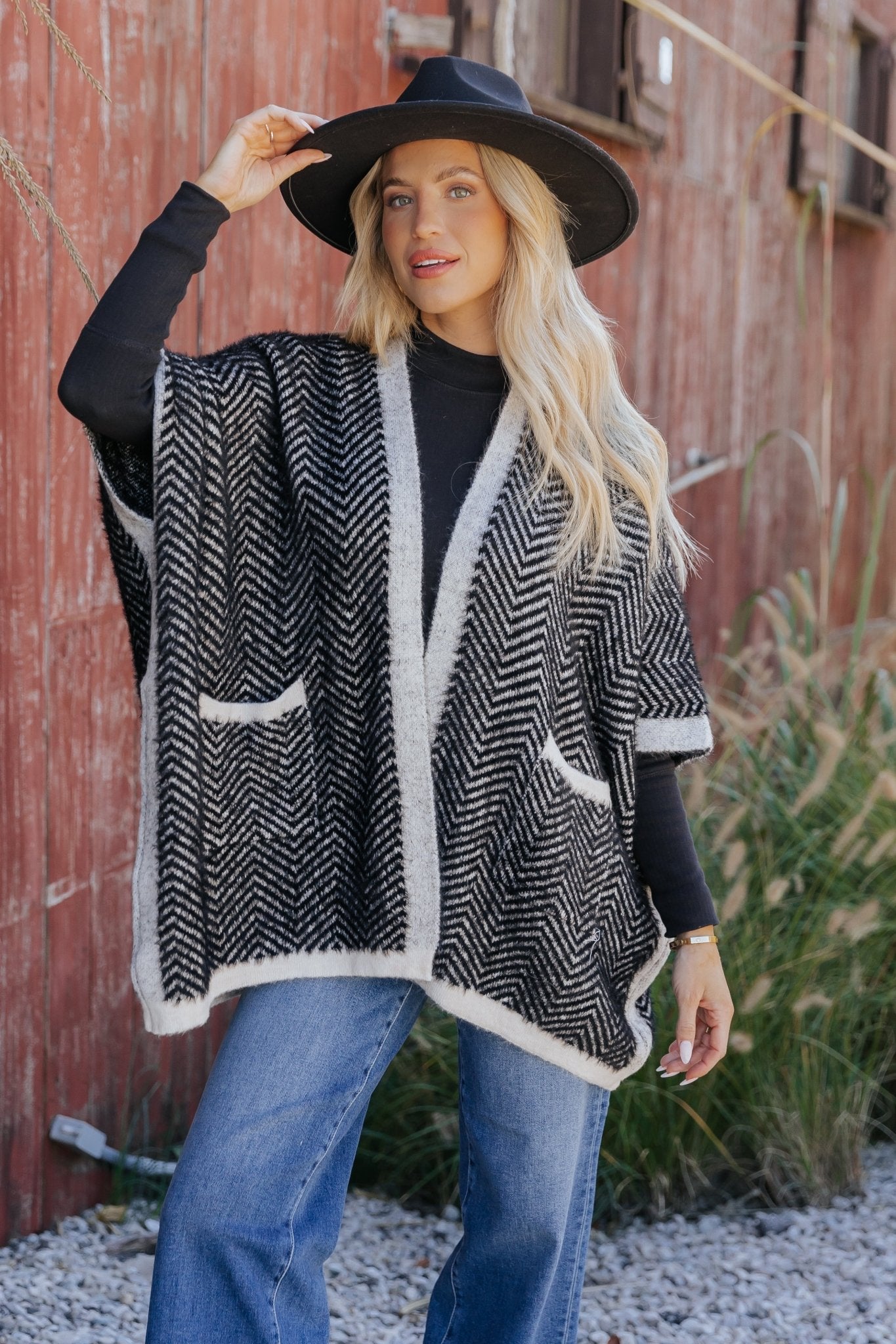 Fuzzy Black Herringbone Kimono - Magnolia Boutique