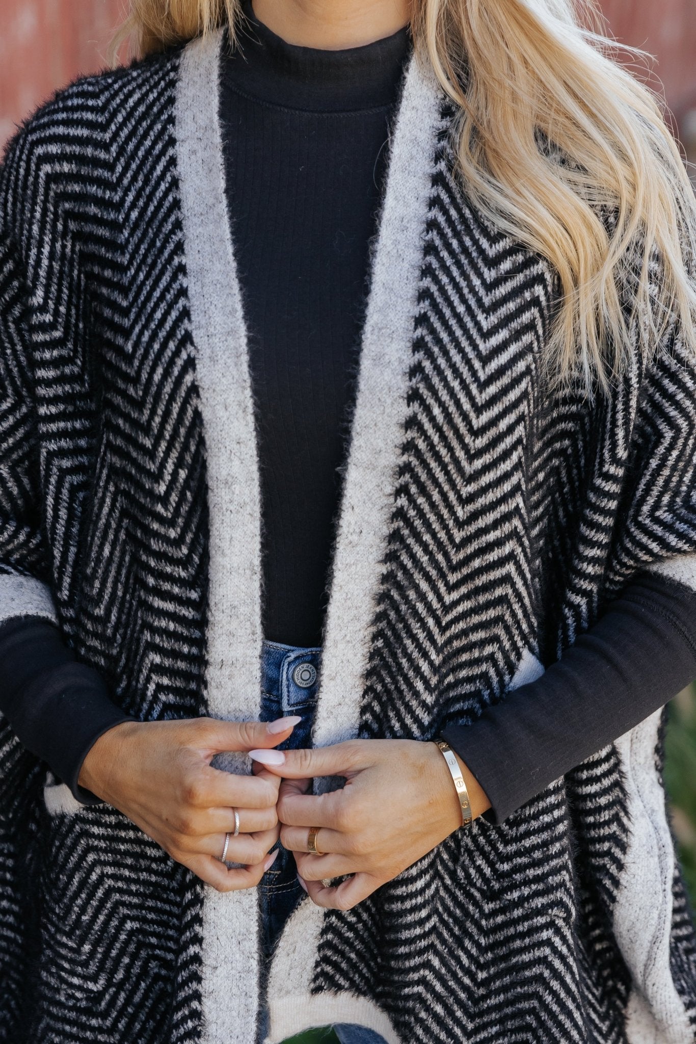 Fuzzy Black Herringbone Kimono - Magnolia Boutique