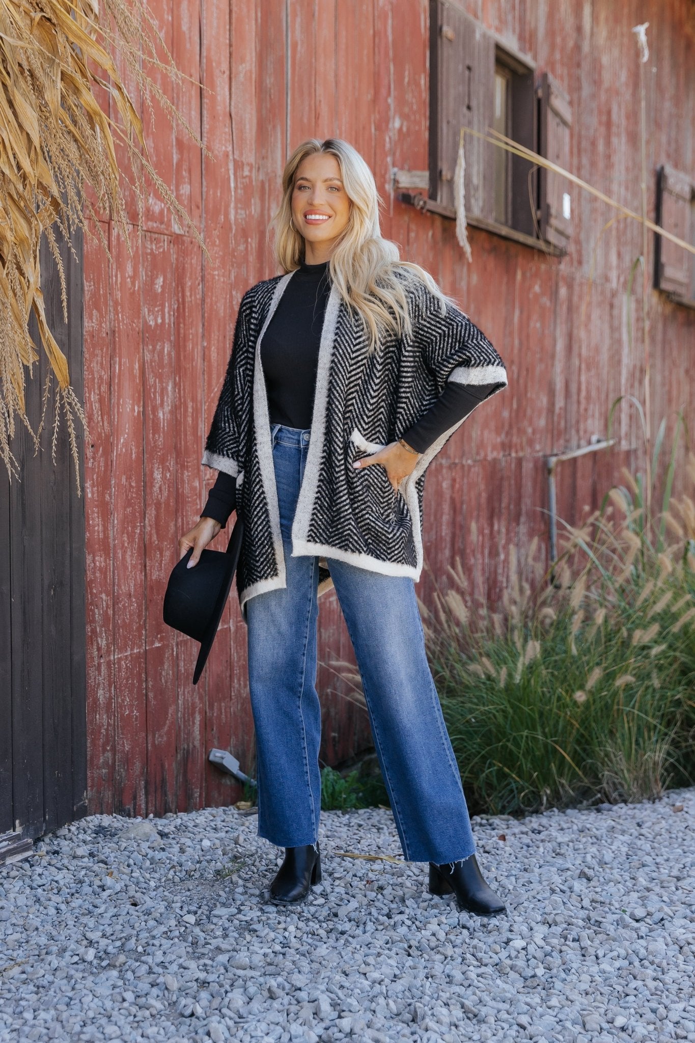 Fuzzy Black Herringbone Kimono - Magnolia Boutique