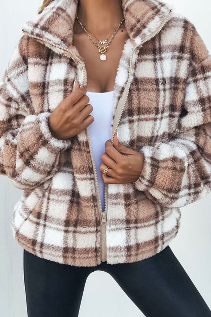 Fuzzy Brown Plaid Zip Up Jacket - Magnolia Boutique