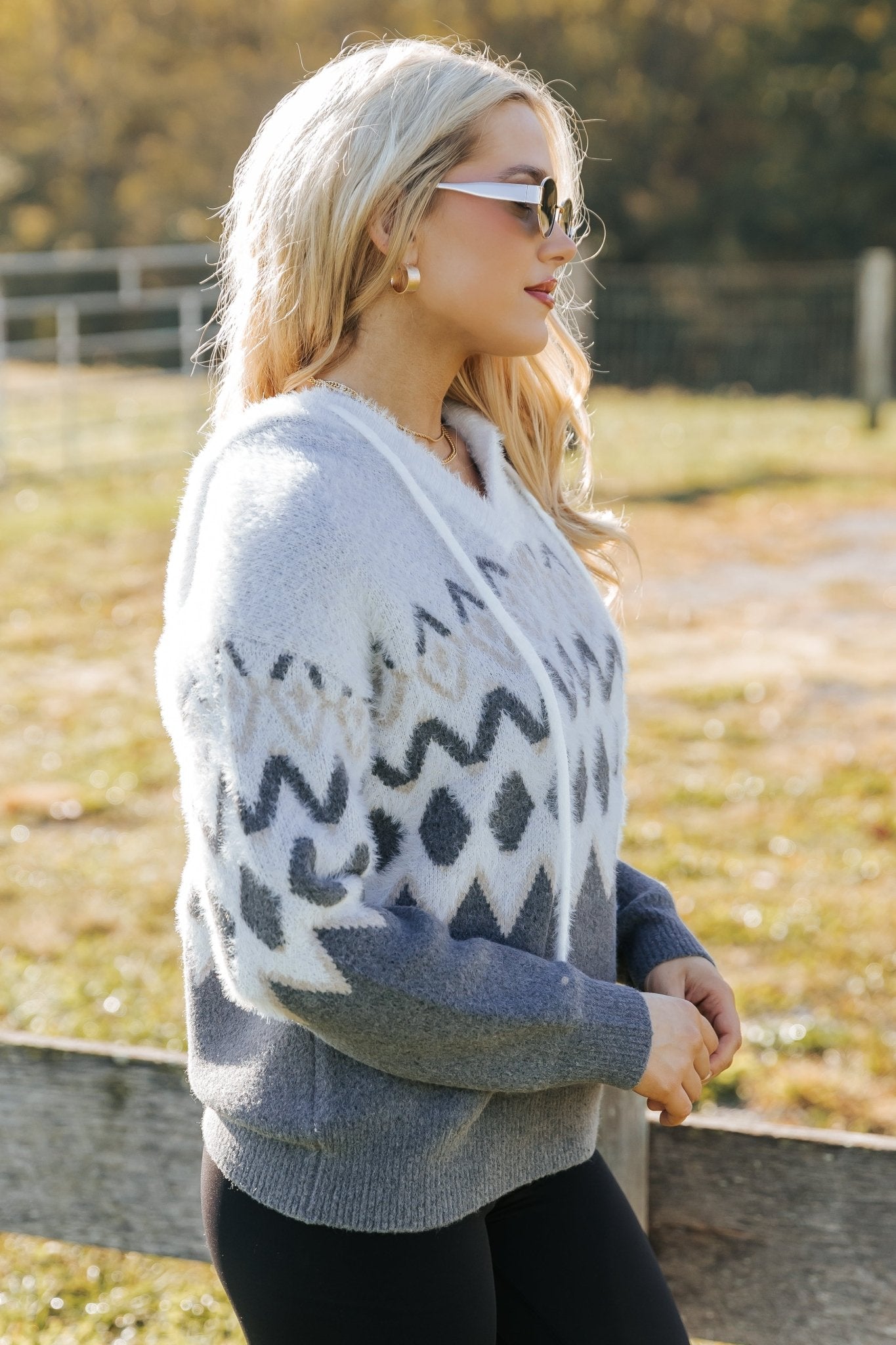 Fuzzy Grey Nordic Print Hooded Sweater - Magnolia Boutique