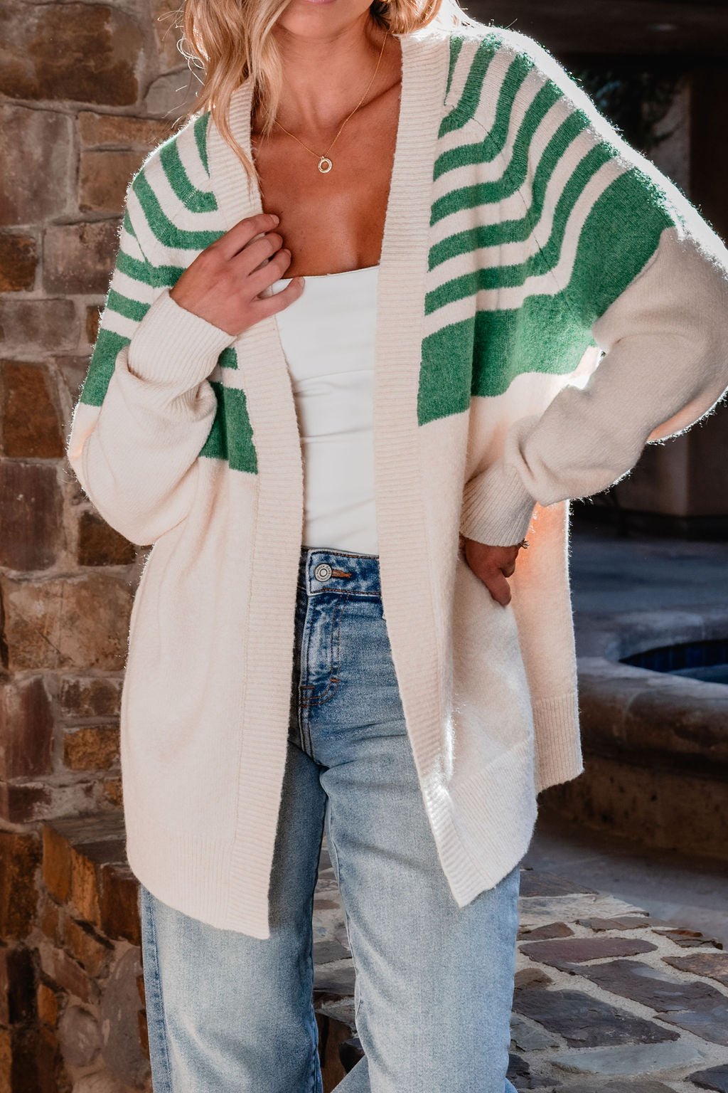 Fuzzy Half Striped Open Front Cardigan - Cream - Magnolia Boutique