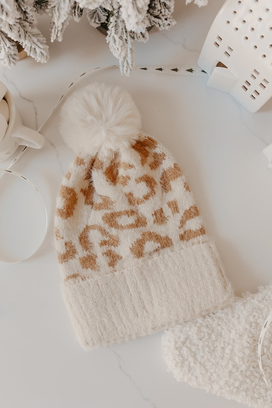 Fuzzy Ivory Leopard Print Pom Beanie - Magnolia Boutique