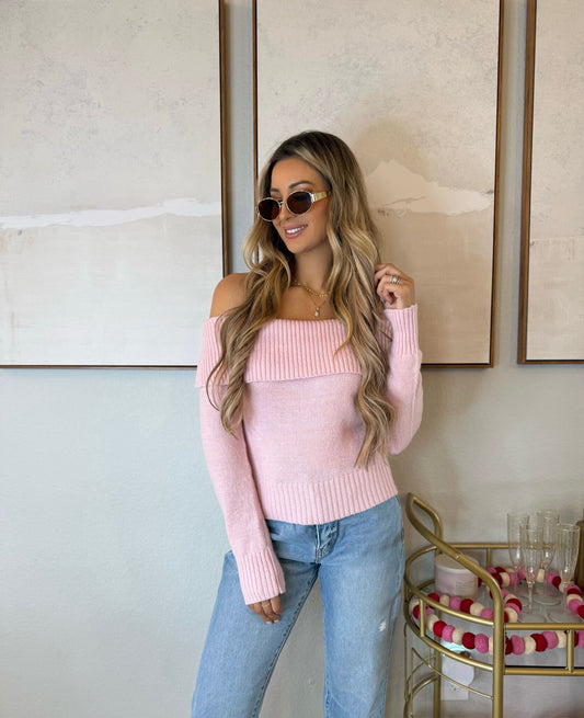 Fuzzy Off The Shoulder Ribbed Sweater - Light Pink - Magnolia Boutique