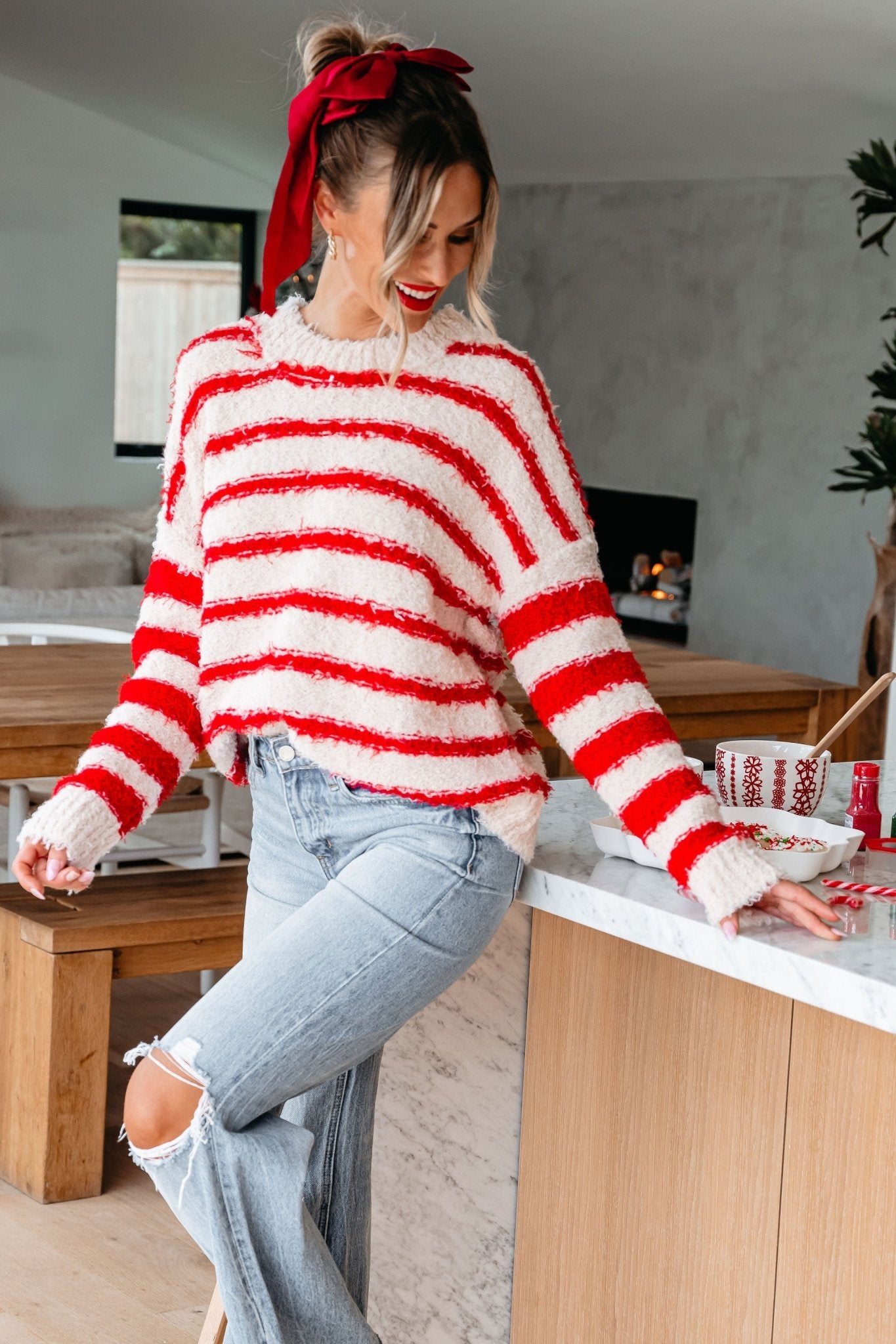 Fuzzy Red Striped Pullover Sweater - Magnolia Boutique