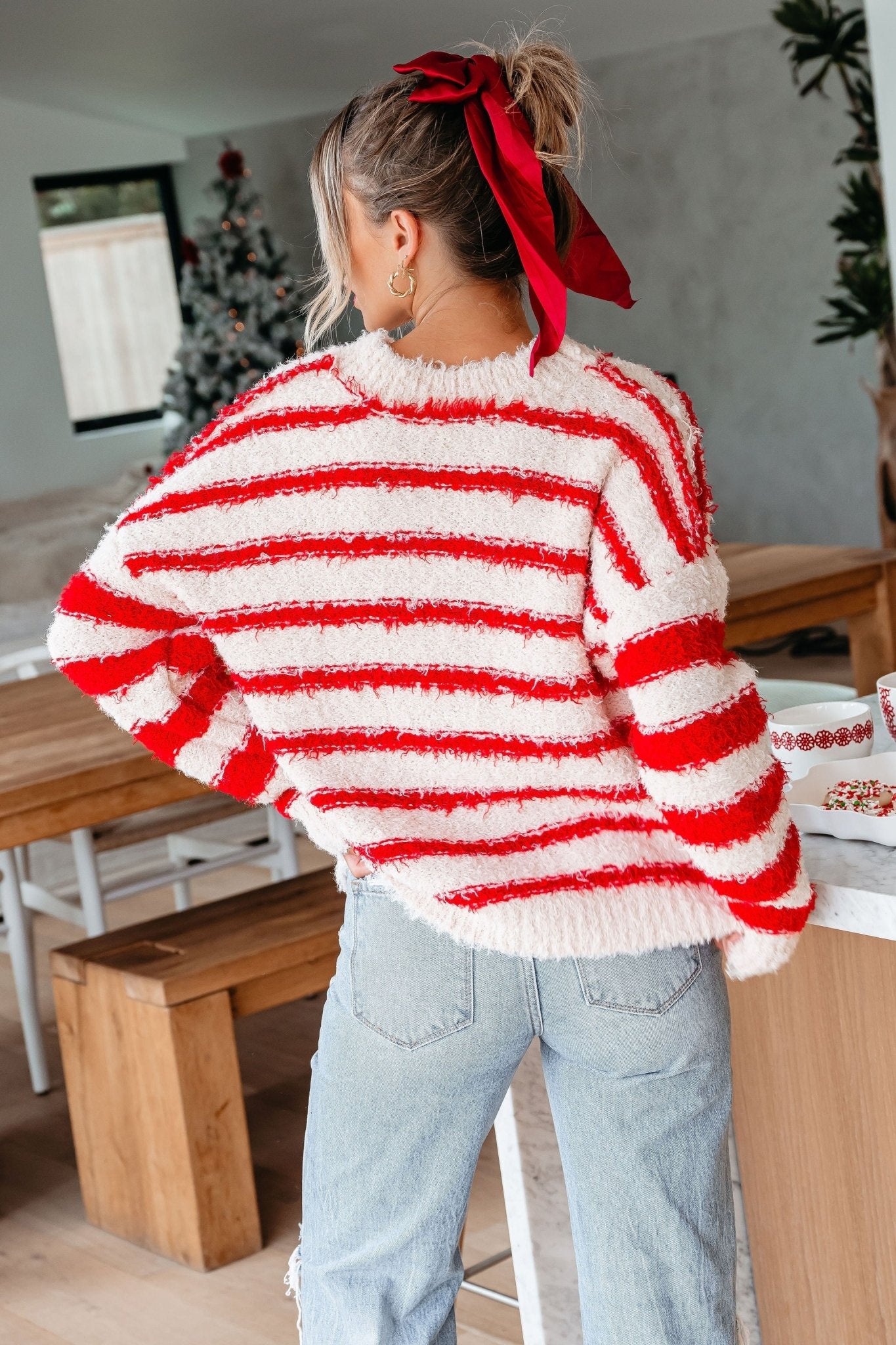 Fuzzy Red Striped Pullover Sweater - Magnolia Boutique