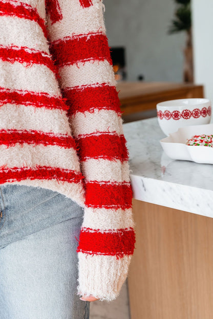 Fuzzy Red Striped Pullover Sweater - Magnolia Boutique