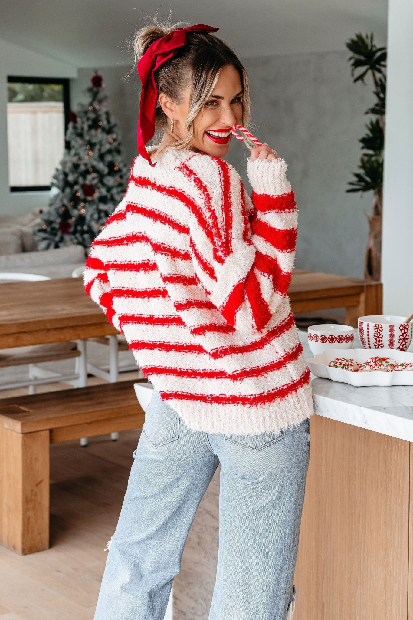 Fuzzy Red Striped Pullover Sweater - Magnolia Boutique