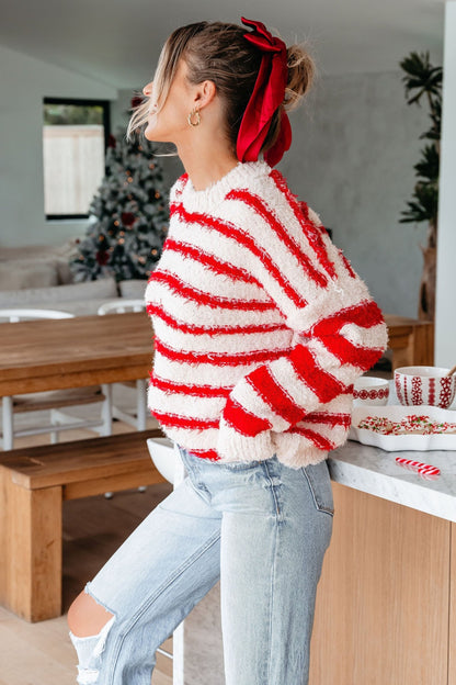 Fuzzy Red Striped Pullover Sweater - Magnolia Boutique