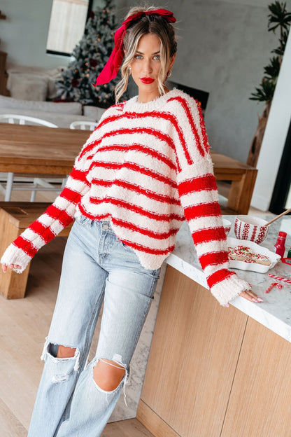 Fuzzy Red Striped Pullover Sweater - Magnolia Boutique