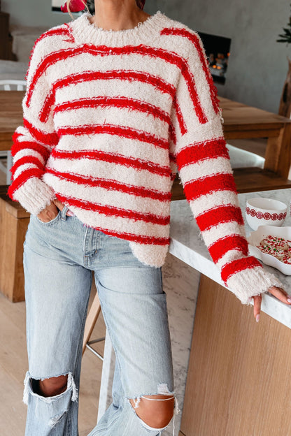 Fuzzy Red Striped Pullover Sweater - Magnolia Boutique