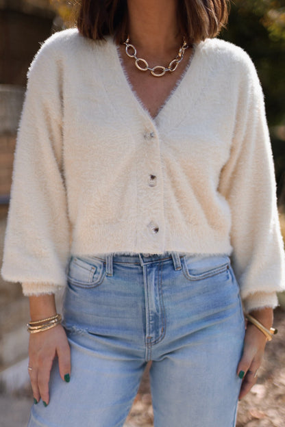 Fuzzy Soft Cream Sweater Cardigan - Magnolia Boutique