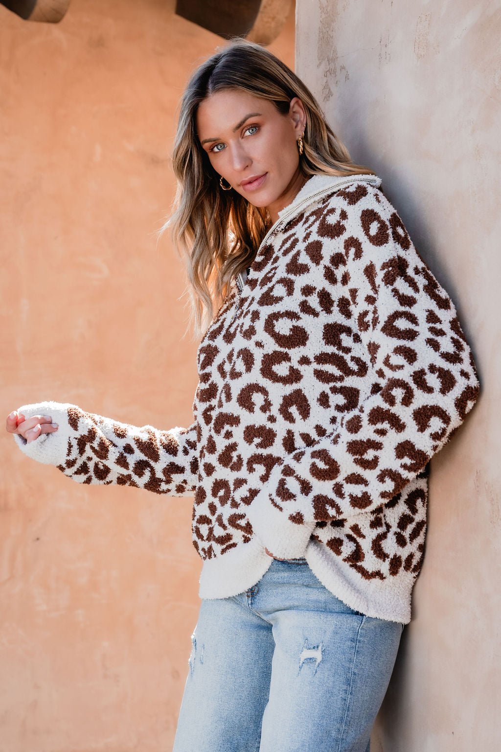 Fuzzy Tan Leopard Print Zip Up Sweater - Magnolia Boutique