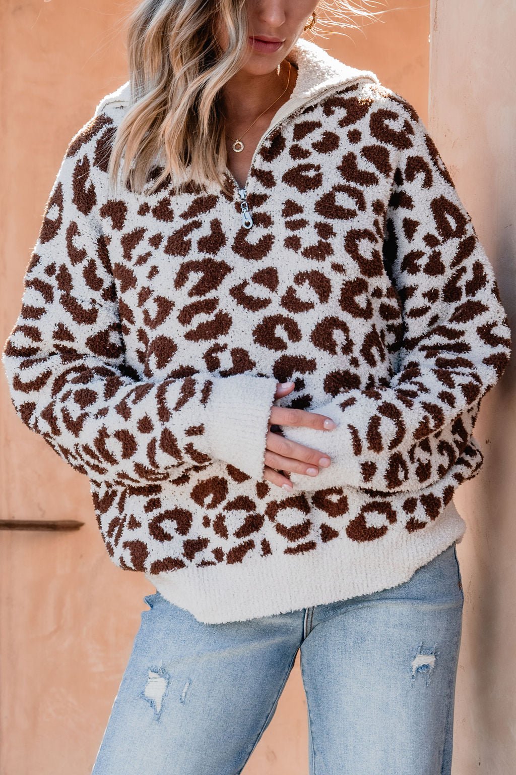 Fuzzy Tan Leopard Print Zip Up Sweater - Magnolia Boutique