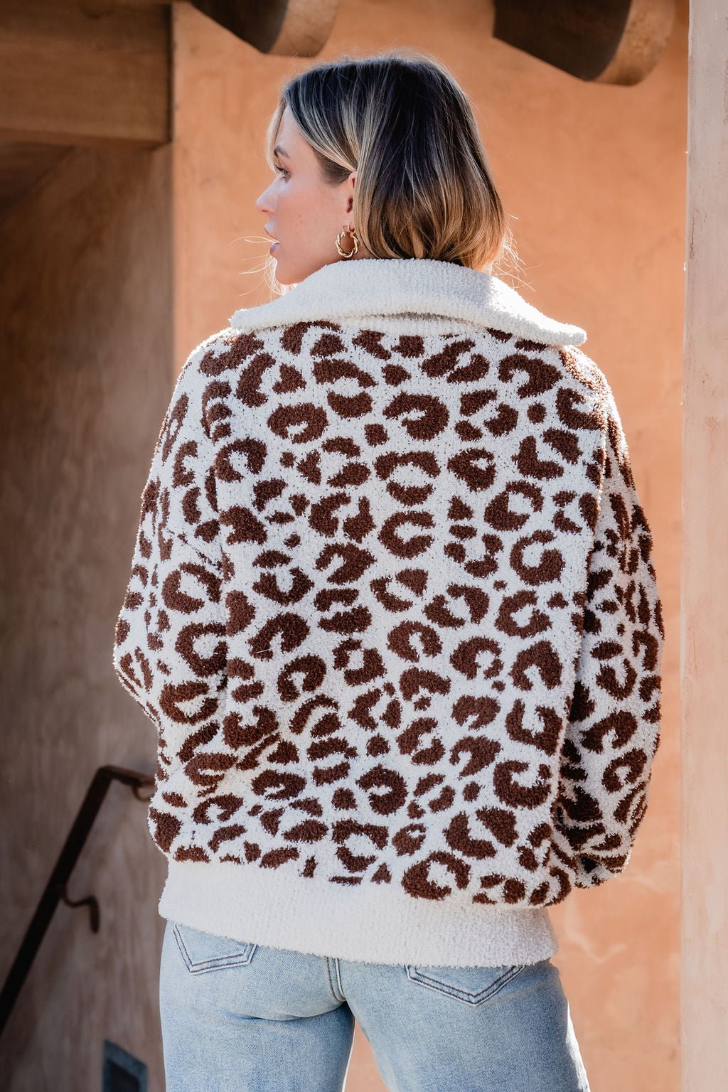 Fuzzy Tan Leopard Print Zip Up Sweater - Magnolia Boutique