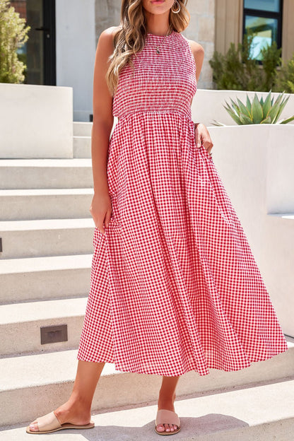 Women's Gingham Open Back Midi Dress