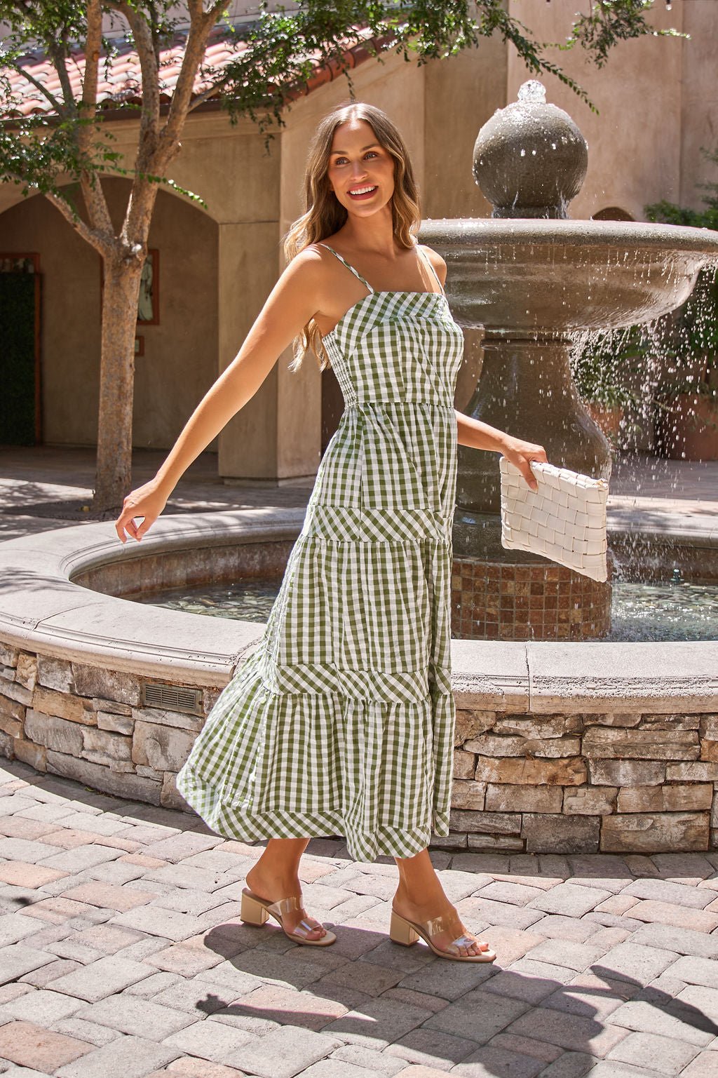 Gingham Smocked Midi Dress - Olive Small | Women's Online Boutique | Boho Chic Style